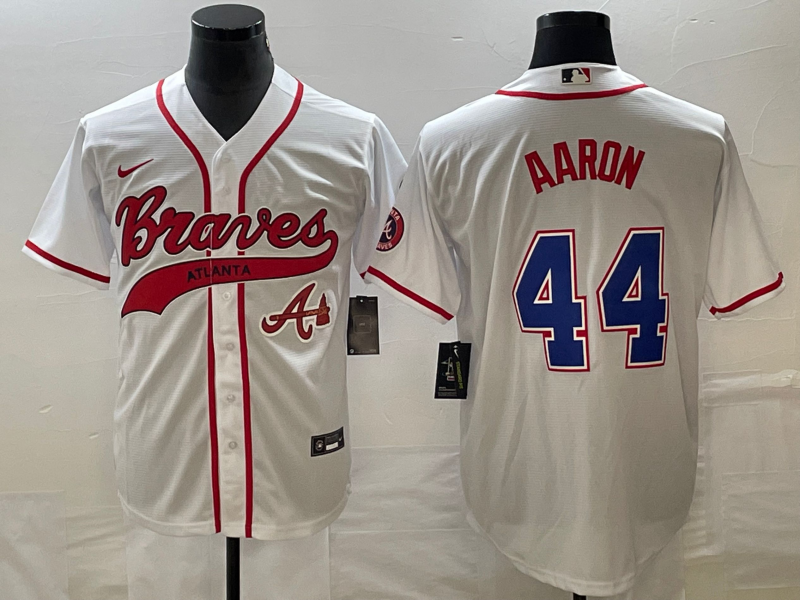 Men's White Atlanta Braves #44 Hank Aaron Cool Base With Patch Stitched Baseball Jersey